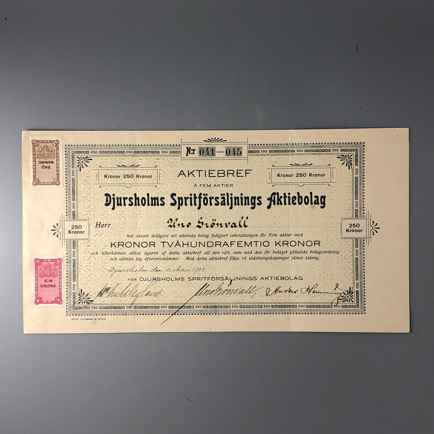 Aktiebrev med kuponger, Djursholms Spritförsäljnings AB, 1908