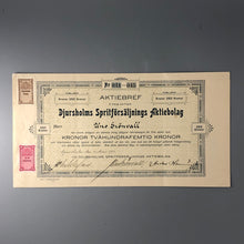 Ladda upp bild till gallerivisning, Aktiebrev med kuponger, Djursholms Spritförsäljnings AB, 1908
