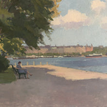 Load image into Gallery viewer, Oljemålning på pannå, Bernhard Oscarsson (1894-1977), vy över Strandvägen
