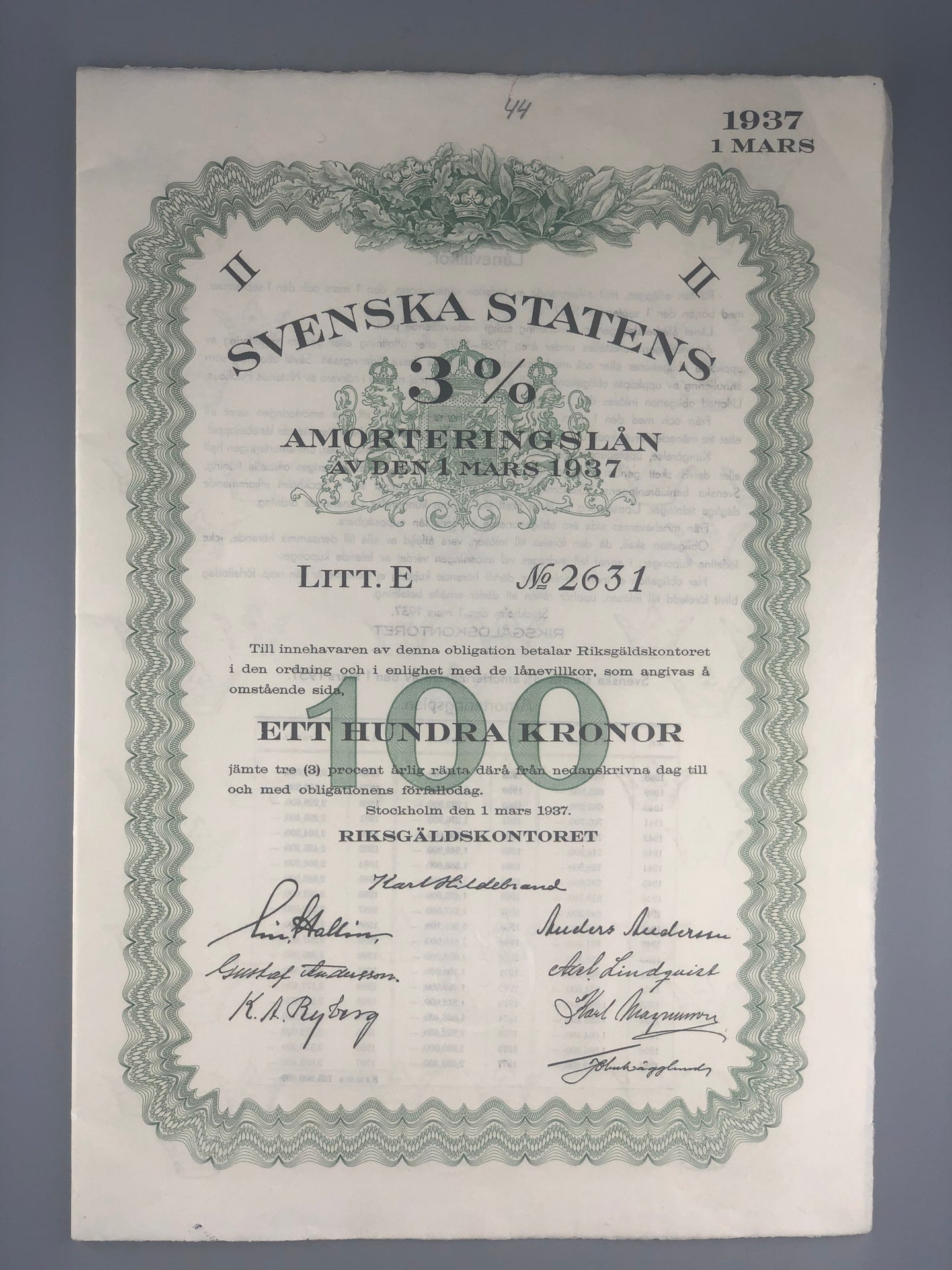 Svenska Statens Amorteringslån 3%, 1 Mars 1937